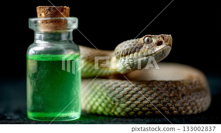 Snake coiled beside a glass vial containing vibrant green venom, showcasing nature's potency and beauty Snake coiled beside a glass vial containing vibrant green venom, showcasing nature's potency and beauty 133002837