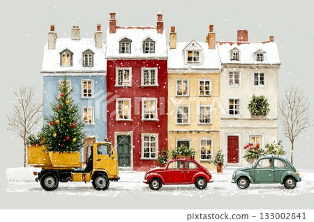 Colorful winter street scene with snow-covered houses and festive vehicles in a charming setting Colorful winter street scene with snow-covered houses and festive vehicles in a charming setting 133002841
