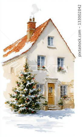 Charming winter cottage with snow-covered roof and decorated Christmas tree in front 133002842