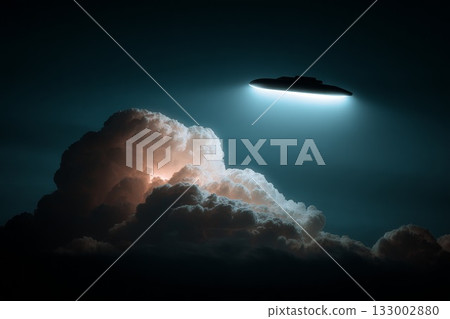 Glowing missile flying through dark clouds with dramatic lighting and atmospheric effects Glowing missile flying through dark clouds with dramatic lighting and atmospheric effects 133002880