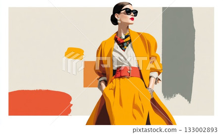Fashionable woman in vibrant yellow coat with bold accessories against artistic background chaos Fashionable woman in vibrant yellow coat with bold accessories against artistic background chaos 133002893