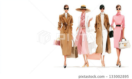 Fashionable women in stylish outfits walking confidently with bags in a vibrant urban setting Fashionable women in stylish outfits walking confidently with bags in a vibrant urban setting 133002895