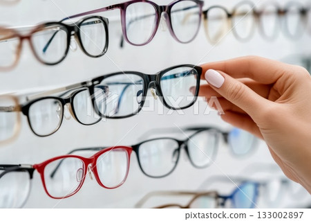 Woman selecting stylish eyeglasses from a display rack in an optical store with various frames 133002897