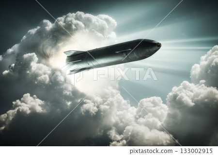 Realistic missile cutting through heavy clouds with sunlight illuminating the dramatic scene Realistic missile cutting through heavy clouds with sunlight illuminating the dramatic scene 133002915