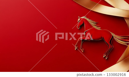 Red horse illustration with golden ribbon on vibrant background for Chinese New Year celebration Red horse illustration with golden ribbon on vibrant background for Chinese New Year celebration 133002916