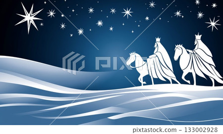 Three regal figures on horseback journeying through a starry night landscape with flowing snow Three regal figures on horseback journeying through a starry night landscape with flowing snow 133002928