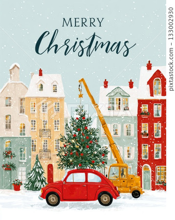 Festive winter scene with decorated Christmas tree and vintage car in snowy town square 133002930