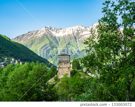 view of svan tower in Mestia from Svaneti Museum 133003072