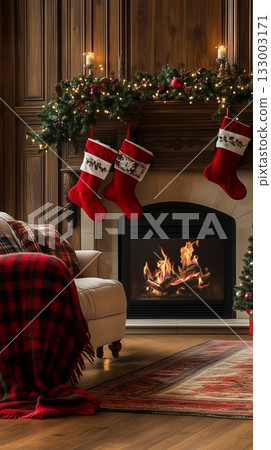 Cozy Christmas Living Room With Stockings and Warm Fireplace During Holiday Season 133003171