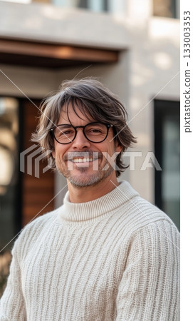 Man Smiles Warmly While Standing Outside a Modern Home on a Sunny Day 133003353