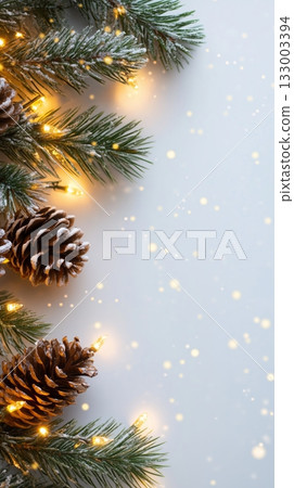 Winter Nature Decor With Pinecones and Fairy Lights on a Light Background 133003394