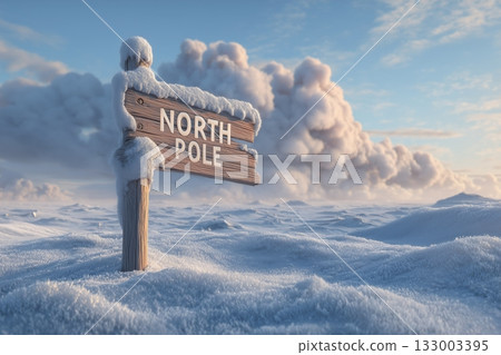 Winter Wonderland Scene at North Pole With Signpost and Snow-Covered Mountains Winter Wonderland Scene at North Pole With Signpost and Snow-Covered Mountains 133003395