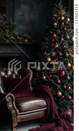 Cozy Living Room With a Christmas Tree and Elegant Decorations During the Festive Season 133003419