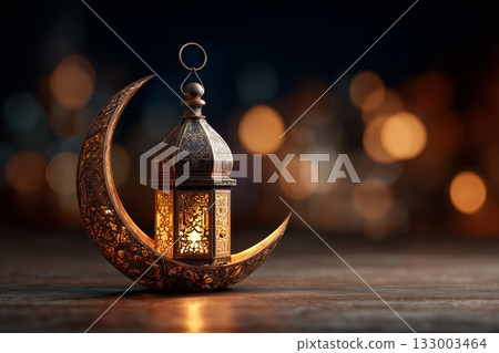 Decorative Lantern on Crescent Moon for Festive Ambiance During Night Celebrations 133003464