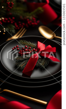 Beautifully Arranged Festive Table Setting for a Christmas Dinner Celebration 133003501