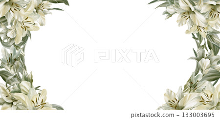 White lily flower and leaves in cemicircular frame as a symbol of grief and sorrow.Grace in its solitude and peace.Hand drawn watercolor template for funeral,baptism,communion,wedding,church ceremony 133003695