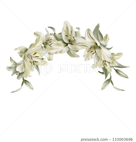 White lilies with leaves in cemicircular frame symbolizing purity,innocence,holiness communion.Hand drawn watercolor illustration for chapel ceremonies,advertisements 133003696