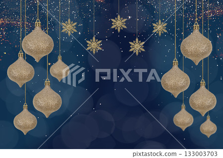 Christmas blue background with Christmas tree decorations with a beige snowflake and ball and golden lights with copy space. New Year and Christmas card. 133003703
