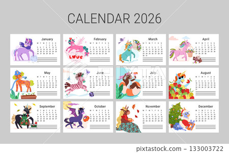 Horizontal calendar for 2026 featuring charming horse. Monthly fantasy unicorn. Each scene shows unique mood for every season. Week starts on Monday. Vector flat illustration. Horizontal calendar for 2026 featuring charming horse. Monthly fantasy unicorn. Each scene shows unique mood for every season. Week starts on Monday. Vector flat illustration. 133003722