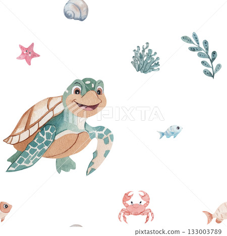 Cheerful kids seamless pattern with happy turtle, cute crab and blue fish. Hand drawn watercolor seashells and green seaweed on white background. Whimsical underwater design for nursery decor, fabric Cheerful kids seamless pattern with happy turtle, cute crab and blue fish. Hand drawn watercolor seashells and green seaweed on white background. Whimsical underwater design for nursery decor, fabric 133003789