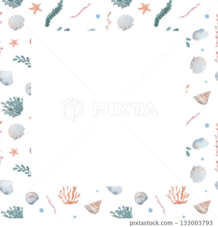 Watercolor marine frame with corals, seashells, seaweed, and starfish. Isolated on white background. Perfect for summer cards, invitations, posters, and nautical design projects. Hand drawn template. 133003793