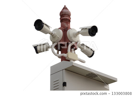 Security Cameras Mounted on Red Mast Over Outdoor Area for Comprehensive Surveillance Security Cameras Mounted on Red Mast Over Outdoor Area for Comprehensive Surveillance 133003808