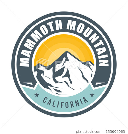 Mammoth Mountain, Long Valley Caldera, California, emblem or label with snow-covered mountains, vector 133004063