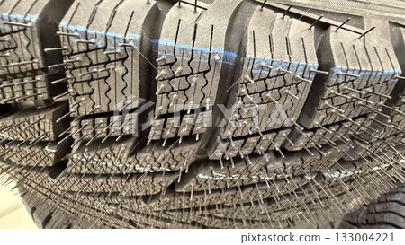 Close-up of winter tire tread with detailed texture and patterns for automotive safety background 133004221