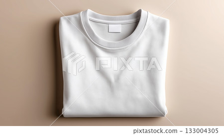 Folded white t-shirt on neutral background for minimalist display Folded white t-shirt on neutral background for minimalist display 133004305