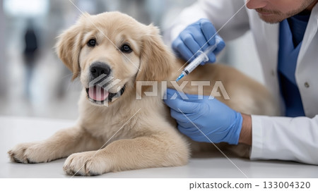 Golden retriever puppy receiving vaccination at veterinary clinic 133004320
