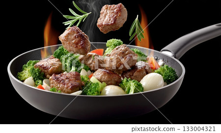 Cooking delicious beef tips and vegetables in a frying pan over flames 133004321