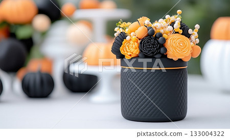 Beautiful floral arrangement in black and orange colors for autumn celebration 133004322