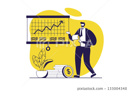 Financial analysis web concept with flat people for website design. Man working with data chart with growth arrow, making financial report with statistics and doing presentation. Vector illustration. 133004348