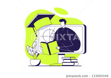 Distant learning web concept with flat people for website design. Man studying at virtual educational courses, reading books and textbooks, graduating study and getting diploma. Vector illustration. Distant learning web concept with flat people for website design. Man studying at virtual educational courses, reading books and textbooks, graduating study and getting diploma. Vector illustration. 133004349