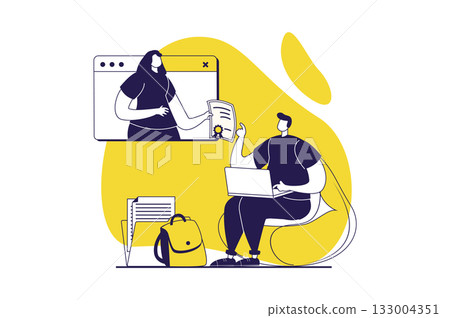 Distant learning web concept with flat people for website design. Man graduating virtual class online and gets diploma from teacher, ending professional courses, gets knowledge. Vector illustration. 133004351