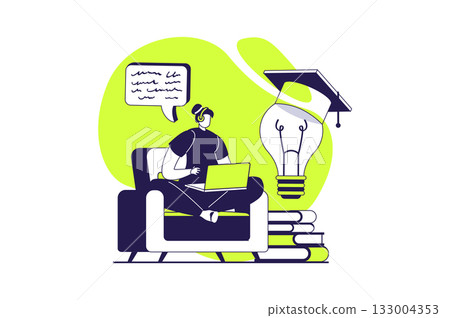 Distant learning web concept with flat people for website design. Woman listening audio lessons or educational podcast, studying at laptop, doing homework, preparing ro lessons. Vector illustration. Distant learning web concept with flat people for website design. Woman listening audio lessons or educational podcast, studying at laptop, doing homework, preparing ro lessons. Vector illustration. 133004353