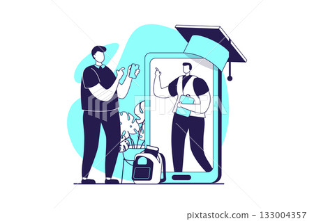 Distant learning web concept with flat people for website design. Student graduating virtual class online and getting diplom, ending professional courses and gets congratulation. Vector illustration. Distant learning web concept with flat people for website design. Student graduating virtual class online and getting diplom, ending professional courses and gets congratulation. Vector illustration. 133004357