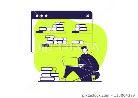 Distant learning web concept with flat people for website design. Student reading books from laptop, studying with digital textbooks, working in library with online information. Vector illustration. 133004359