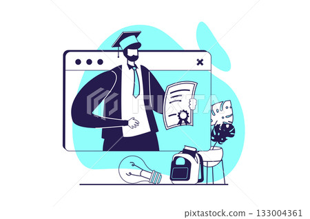Distant learning web concept with flat people for website design. Man graduating virtual class online and getting diplom, success ending professional courses and gets certificate. Vector illustration. Distant learning web concept with flat people for website design. Man graduating virtual class online and getting diplom, success ending professional courses and gets certificate. Vector illustration. 133004361