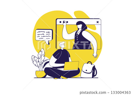 Distant learning web concept with flat people for website design. Teenage boy studying online from laptop with teacher video lesson, student watching webinar at virtual class. Vector illustration. Distant learning web concept with flat people for website design. Teenage boy studying online from laptop with teacher video lesson, student watching webinar at virtual class. Vector illustration. 133004363