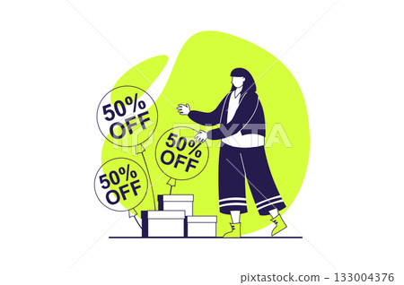 Discount store web concept with flat people for website design. Woman making bargain purchases with bast prices, buying with special offer at seasonal sale, getting gift boxes. Vector illustration. 133004376