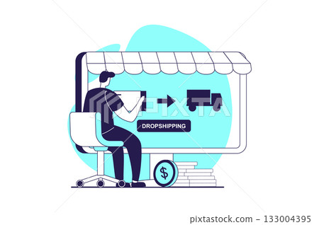 Digital business web concept with flat people for website design. Man working in online dropshipping company, getting orders with payments and shipping products to clients. Vector illustration. 133004395