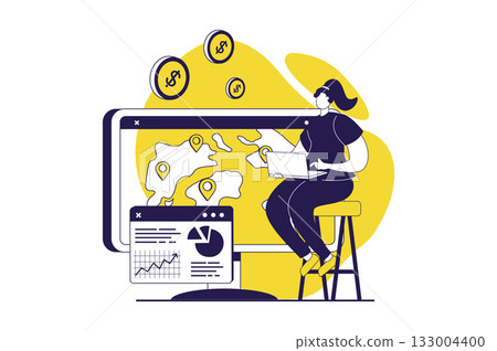 Digital business web concept with flat people for website design. Woman analyzing financial data on charts, working in online global commerce project, doing marketing research. Vector illustration. 133004400