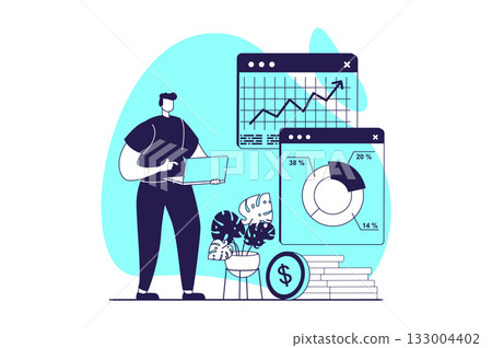 Digital business web concept with flat people for website design. Man making financial data analysis on charts, works in online commerce, planning project with marketing research. Vector illustration. 133004402