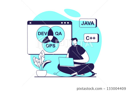 DevOps web concept with flat people for website design. Man working with agile workflow cycles of management and code engineering, creating and release products in teamwork. Vector illustration. 133004409