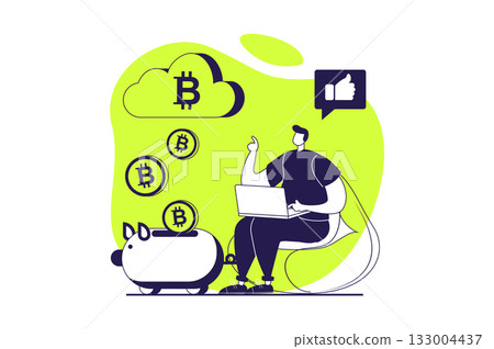 Cryptocurrency mining web concept with flat people for website design. Man working at laptop on crypto farm, extracting digital money and bitcoins for virtual trading and wealth. Vector illustration. 133004437