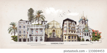 Sanremo, Italy - Facade of building at central street of Sanremo with palms Sanremo, Italy - Facade of building at central street of Sanremo with palms 133004453