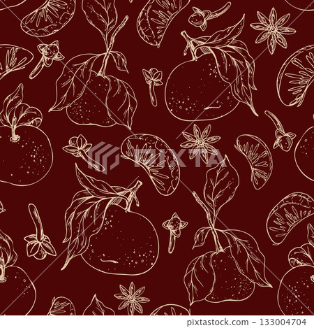 A hand-drawn line art seamless pattern with tangerines, cloves, and star anise. This minimalist graphic illustration is perfect for Christmas packaging, mulled wine labels, and festive textile design. 133004704