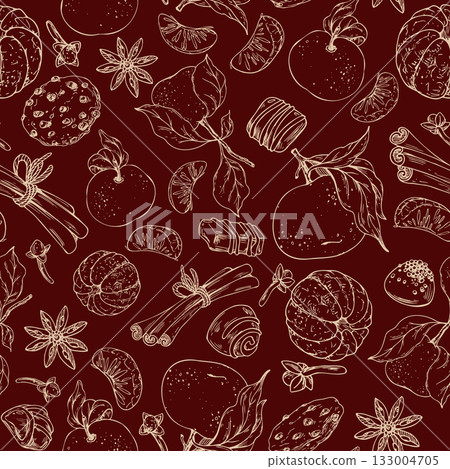 Hand-drawn line art seamless pattern with Christmas sweets, tangerines, cinnamon and spices on a red. This festive graphic design for holiday gift wrap, seasonal branding and confectionery packaging. Hand-drawn line art seamless pattern with Christmas sweets, tangerines, cinnamon and spices on a red. This festive graphic design for holiday gift wrap, seasonal branding and confectionery packaging. 133004705