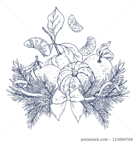 A Christmas arrangement with tangerines, pine branches, pine cones, and bows and ribbons. A hand-drawn monochrome line art graphic illustration. Perfect for winter and New Year s decor and prints. A Christmas arrangement with tangerines, pine branches, pine cones, and bows and ribbons. A hand-drawn monochrome line art graphic illustration. Perfect for winter and New Year s decor and prints. 133004709